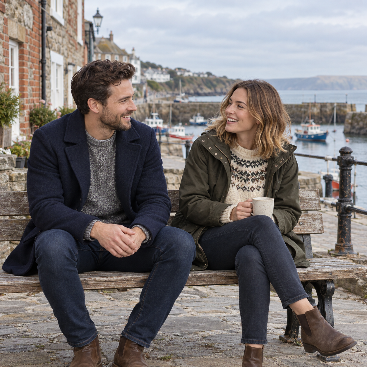 Two models in autumn clothing talking on a harbour-side bench