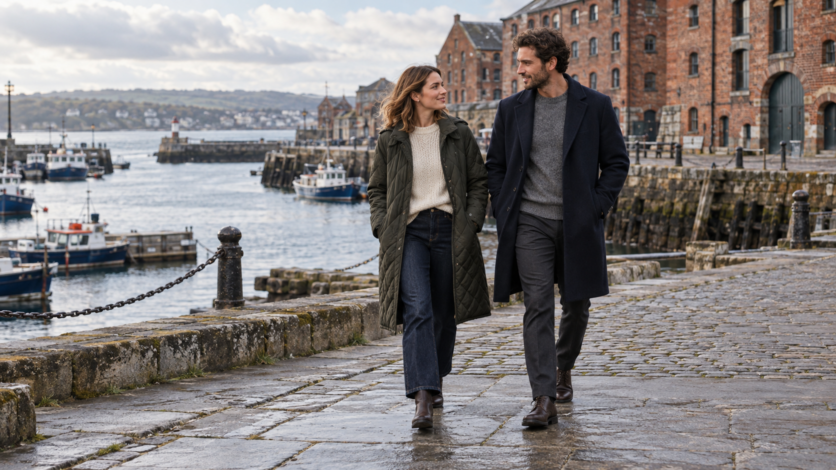 A man in a navy coat and a woman in quilted outerwear walking beside a harbour